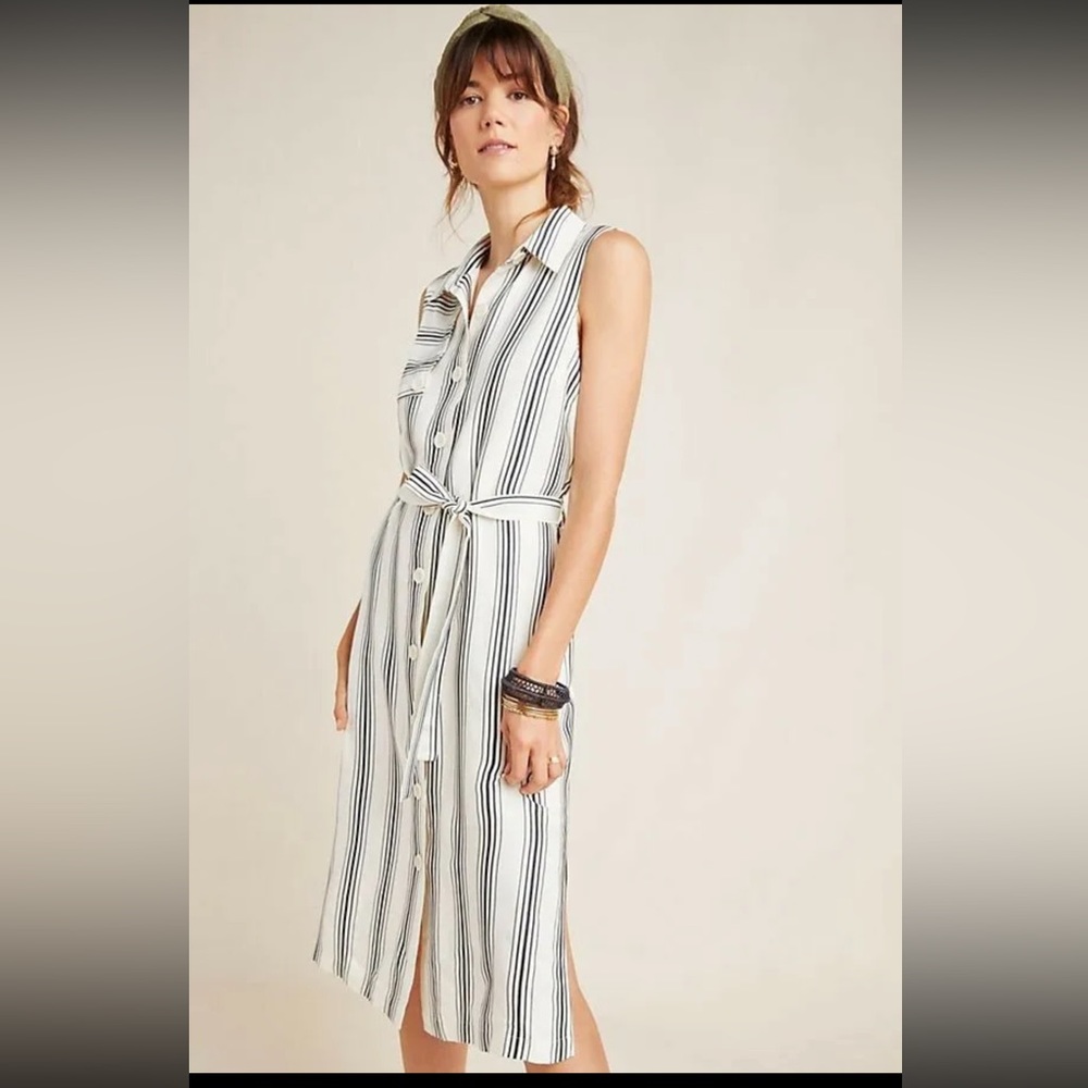 Maeve by Anthropologie Cream & Black Esther Striped Sleeveless Shirt Dress